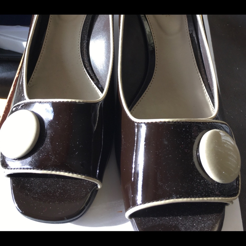 Nickels NEW Vtg. Brown Patent Open Toe Wedges 10M